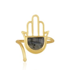 Hamsa Hand Bypass Ring In Gold Plated Labradorite Gemstone For Anniversary Gift