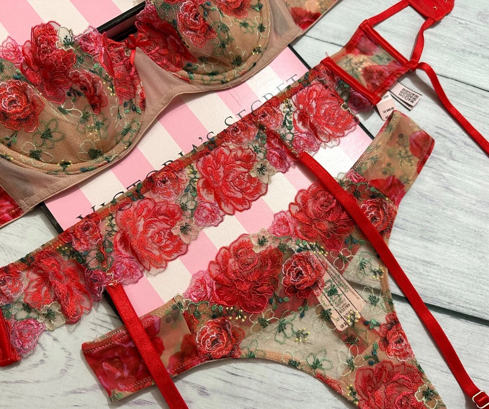 Victoria's Secret Dream Angels Floral Bordado Sin Forro Sujetador Tanga Conjunto Liguero Foto 3 de 4