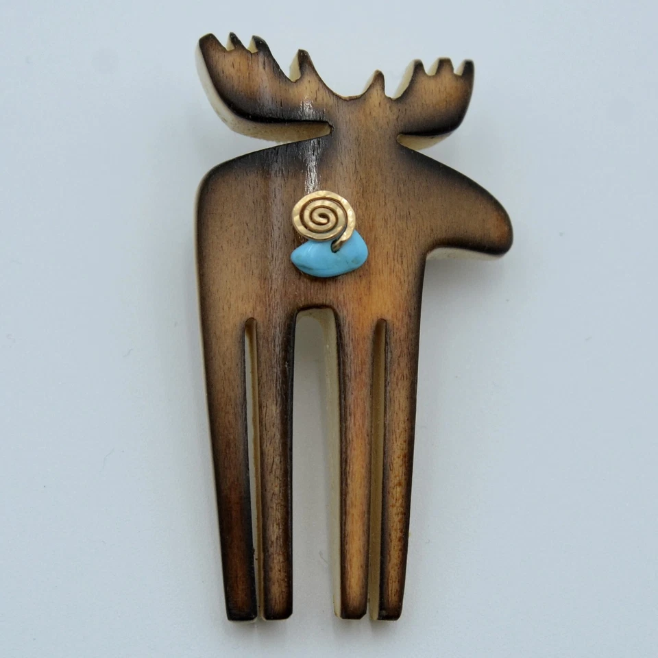 Elk Dancing Designs Moose Pin Elk Horn Turquoise Stone Circle Gold Fill Wire - Image 2 of 4