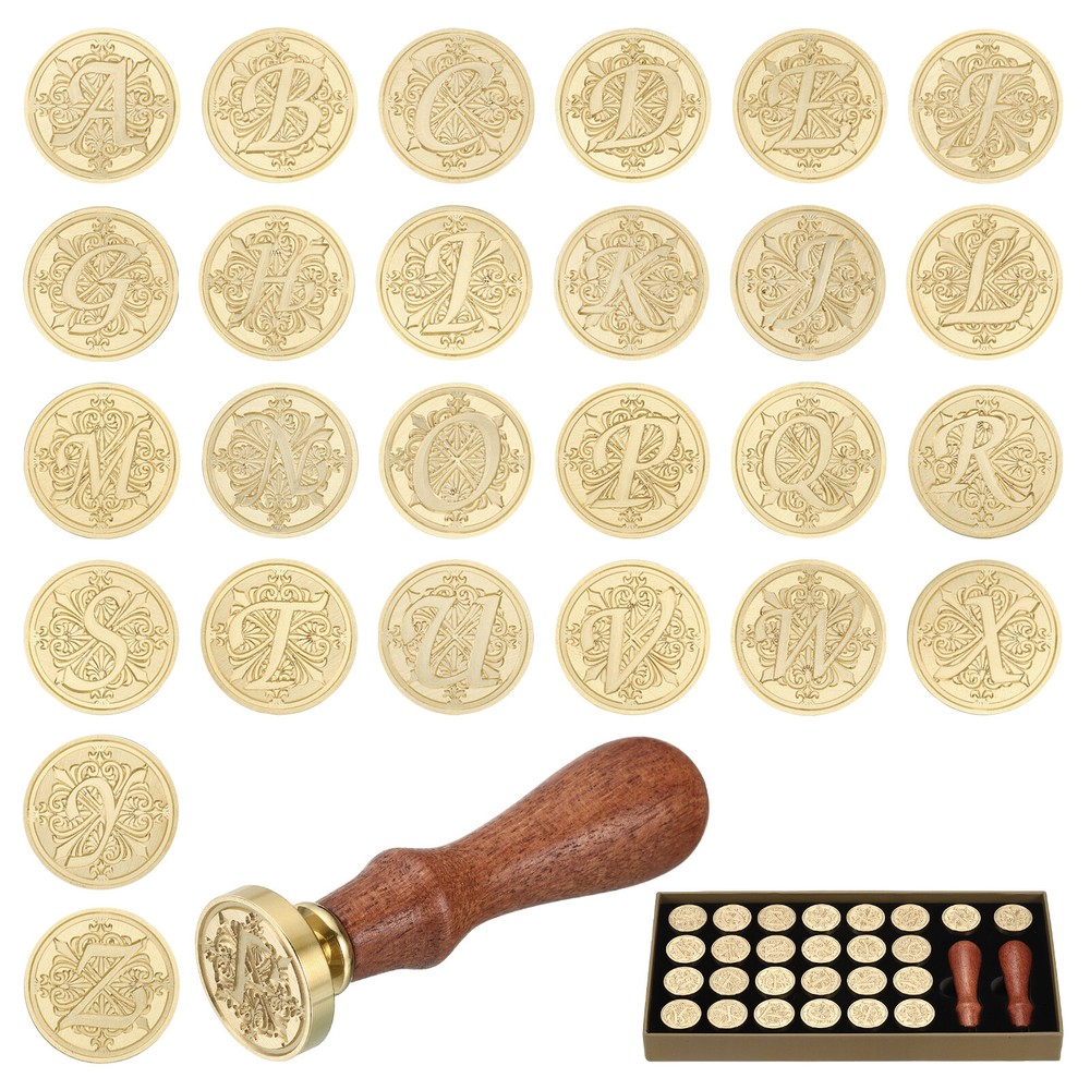 Alphabet Wax Seal Stamp Kit 26 Letters A-Z Sealing with 2pcs Wooden Handles