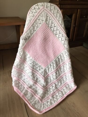 Exquisite Hand Knitted Baby Girl Shawl in White And Pink Square Blanket DK - Picture 1 of 6
