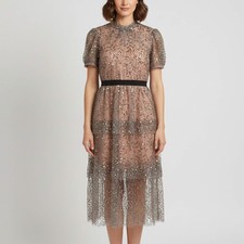 SelfPortrait Grey Leaf Sequin Tulle Tiered Midi Dress M