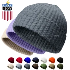 Mini Short Fisherman Beanie Hat Ribbed Docker Winter Warm Knitted Skull Cap cuff