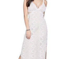 Guess Gianna White Lace Overlay Maxi Dress Cut Out Sleeveless Slit Wedding Small