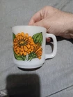 VINTAGE GLASBAKE #77 MILK GLASS MUG COFFEE TEA CUP ORANGE ZINNIA FLOWERS