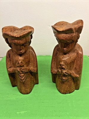 Folk Art Pair Hand Carved Wood Absract Human Figures Holding Object Cat?