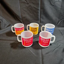 Vintage Milk Glass Coffee Advertising Mugs Hills Bros Lipton Maxwell House