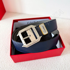 AUCTION CARTIER Navy Gray Reversible Leather Belt Silver Buckle Men's Luxury