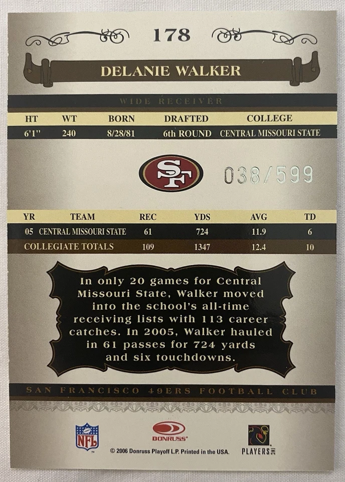 2006 Donruss Classics Delanie Walker #178 Rookie Card Autograph 038/599 - Image 2 of 2