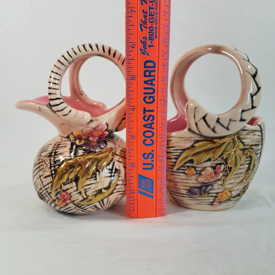 Juego Hull Pottery Blossom Flite 1955 olla de miel T1 cesta con mango T2 oro rosa 6" Foto 4 de 4