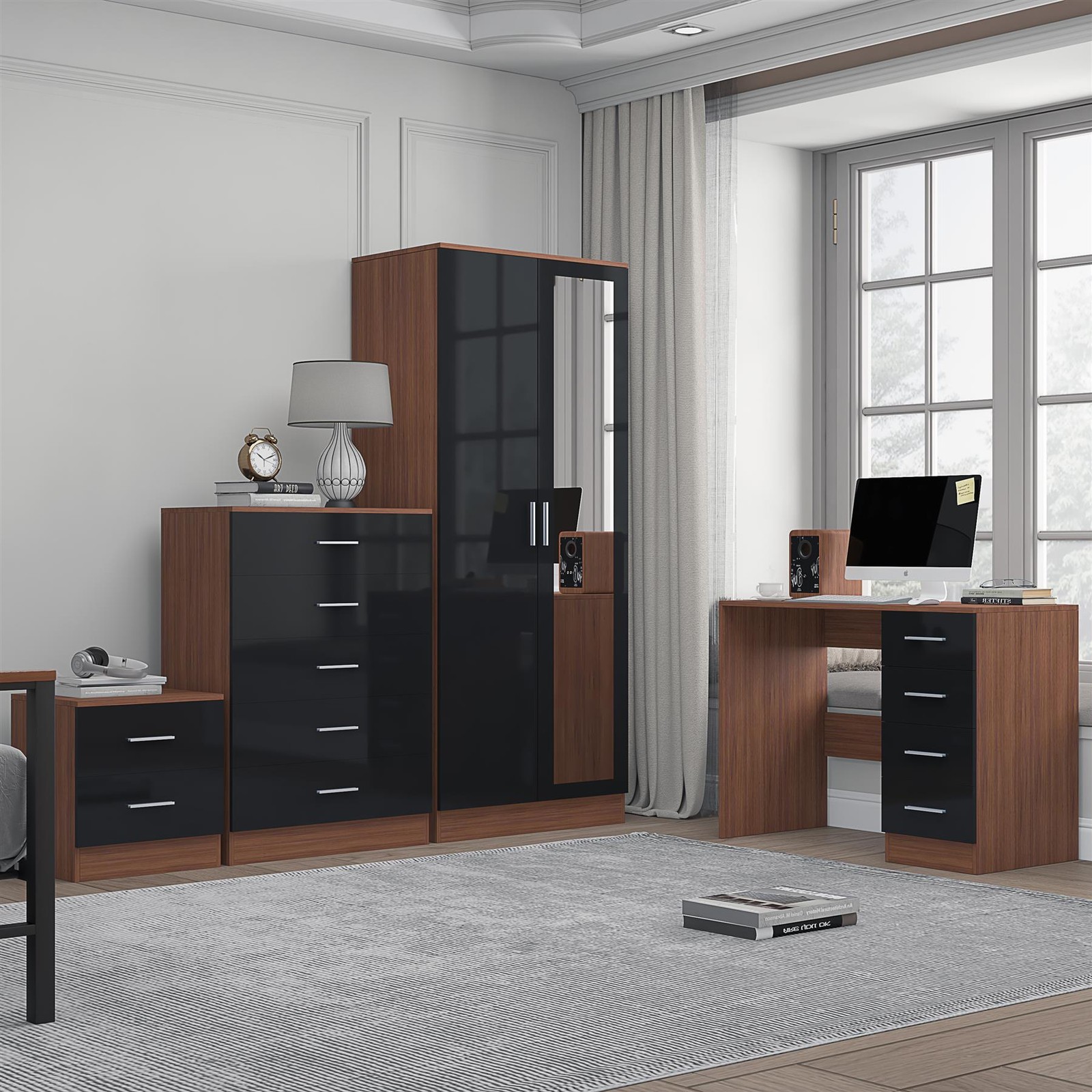 REFLECT 2dr Mirror Wardrobe + Chest + Bedside + Desk - Black/Walnut