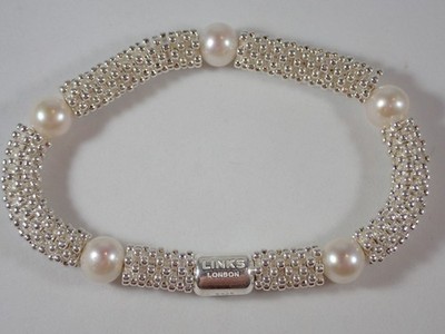LINKS OF LONDON 925 STERLING SILVER EFFERVESCENCE STAR BRACELET w/ WHITE PEARLS