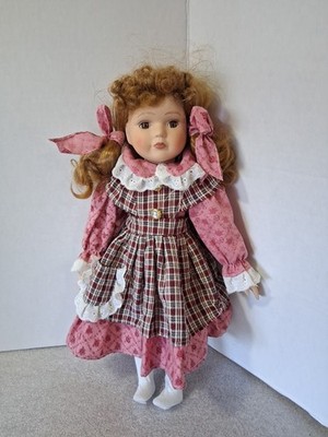 Vintage 16'' Bisque, Stuffed, & Cloth Doll Pink Dress Few Small Stains #567