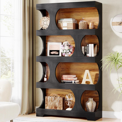 71'' Tall Bookcase, 4-Tier S-Shaped Bookshelf, Wood Decorative Storage Shelving,