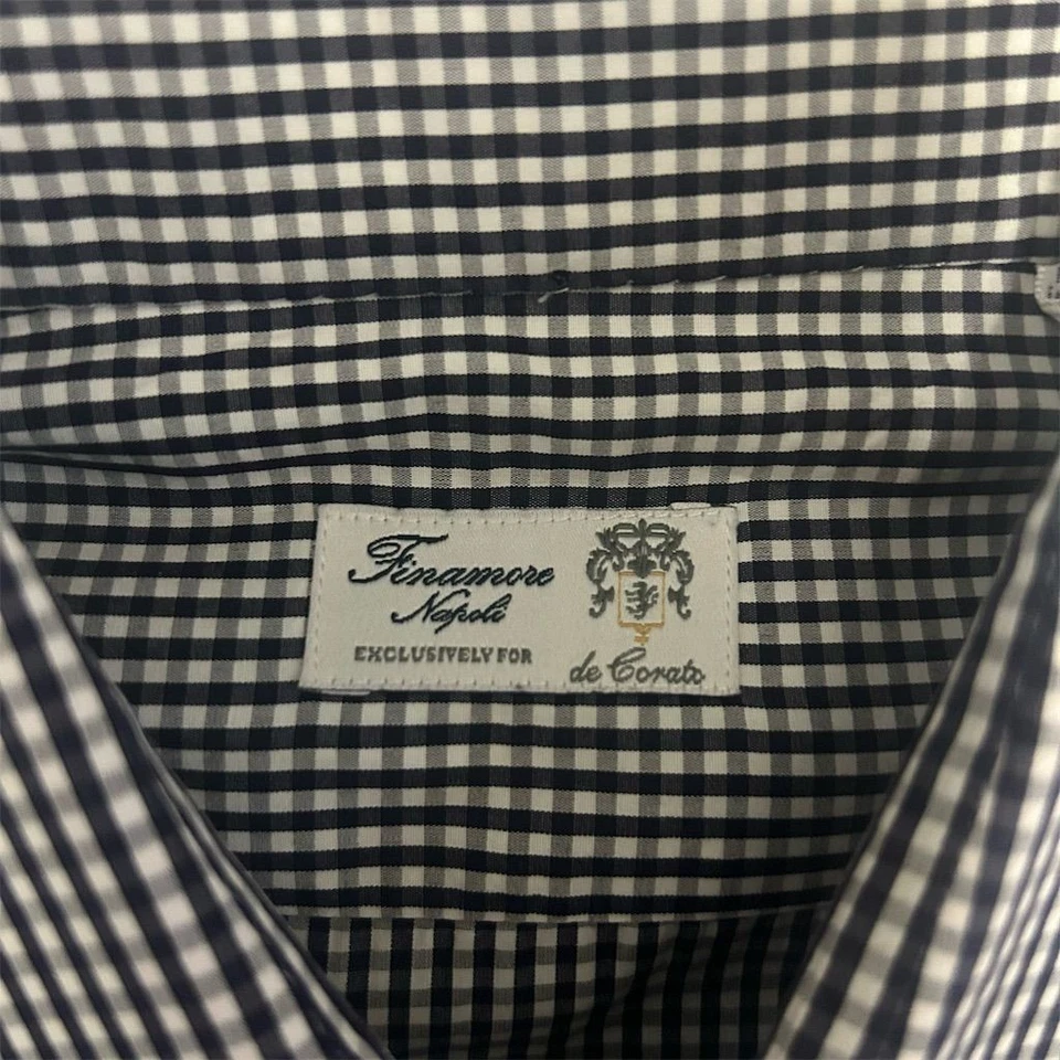 Finamore Napoli Shirt Men's 16 - 41 Blue Plaid Gingham Button Up Embroidered  - Image 3 of 4