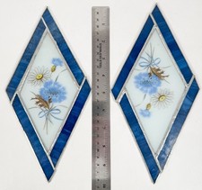 Vintage Stained Glass Section Diamond Sun Catcher Flowers Cobalt Blue Panel