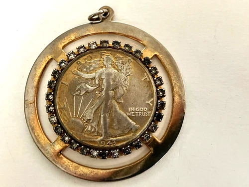 Walking Lady Liberty Half Dollar 1943 Coin in Gold Tone & Rhinestone Pendant