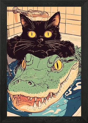Gerahmtes Wandbild Poster Leinwanddruck Bild Katze und Alligator Bad