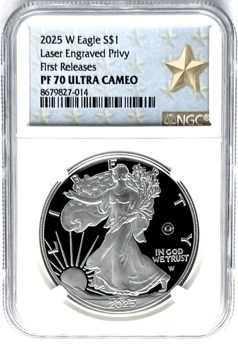 2025 W PROOF SILVER EAGLE LASER ENGRAVED PRIVY FIRST RELEASES NGC PF70 GOLD STAR