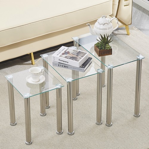 3pcs Rectangular Clear Tempered Glass Side End Nested Table Bedside Coffee Table - Picture 3 of 9