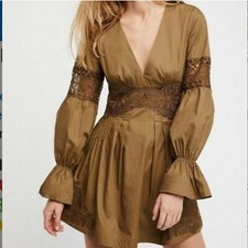 Free People Lindsey Mini Dress long sleeve V neck Size 0 Lace Accents EUC