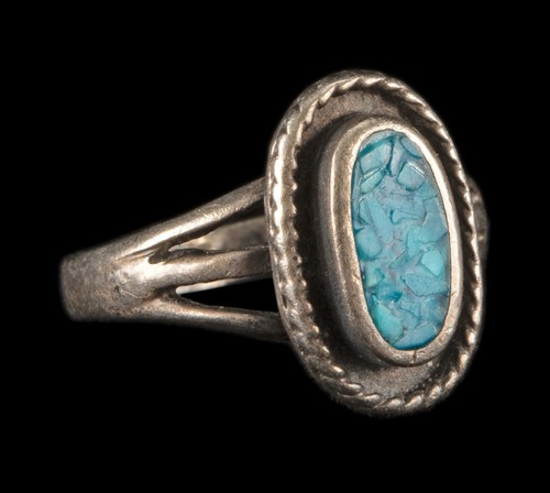 Vintage Native American Sterling Inlaid Oval Crimp Turquoise Ring 3.4gr