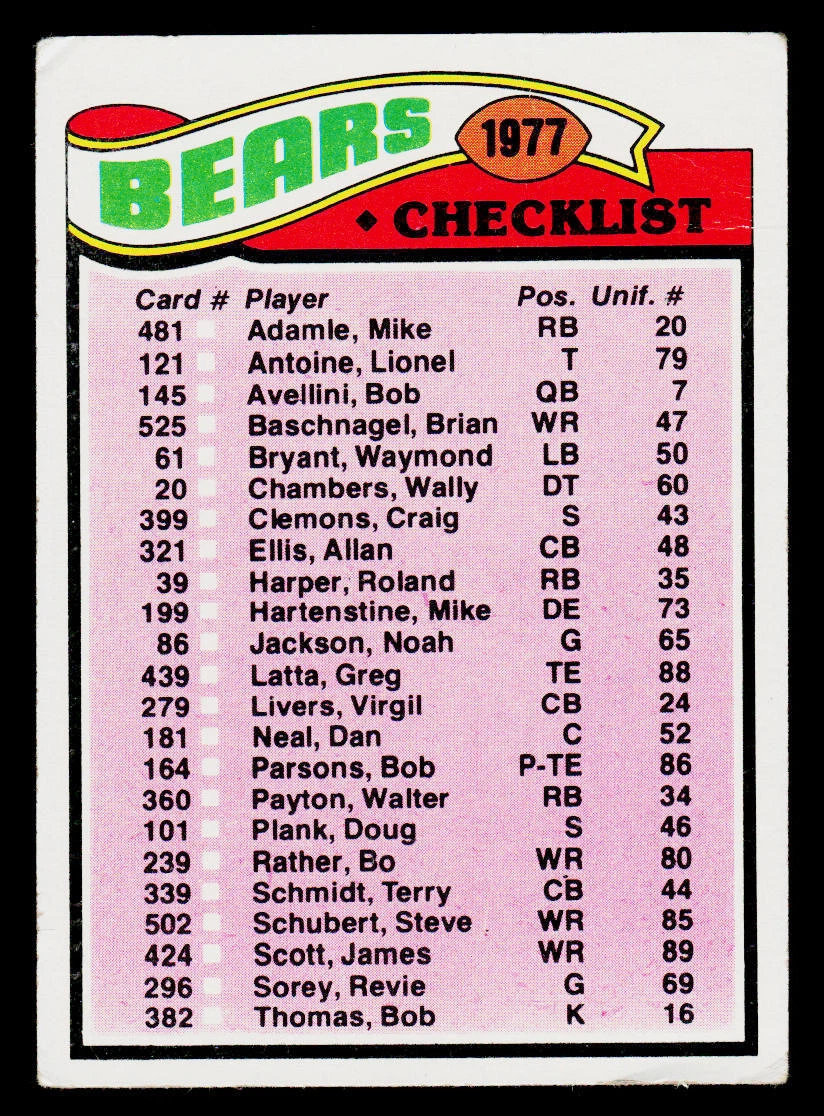 1977 Topps Football Card #204 Team Checklist - Chicago Bears
