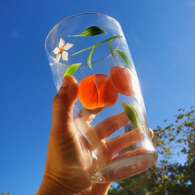 VTG 1950' s Tropicana Painted Orange Blossom Glass Pitcher and 5