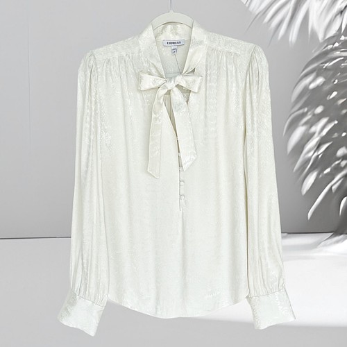 Express Satin Tie Neck Shirt Womens Small Buttons Cuff Front Button Long Sleeve