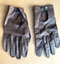 Vintage Brown Leather Driving Gloves Perforated Button Closure Unlined