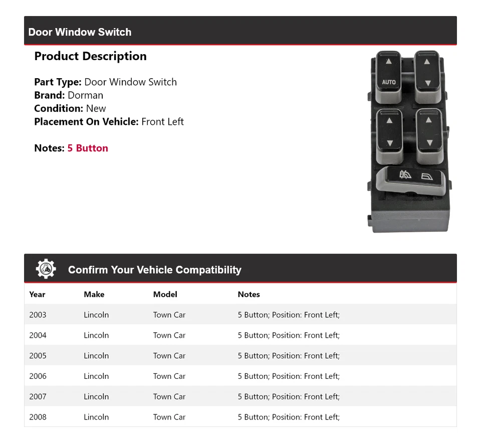 Interruptor de ventana de puerta delantero izquierdo Lincoln Town Car Dorman 2003-2008 2004 2005 Foto 2 de 4