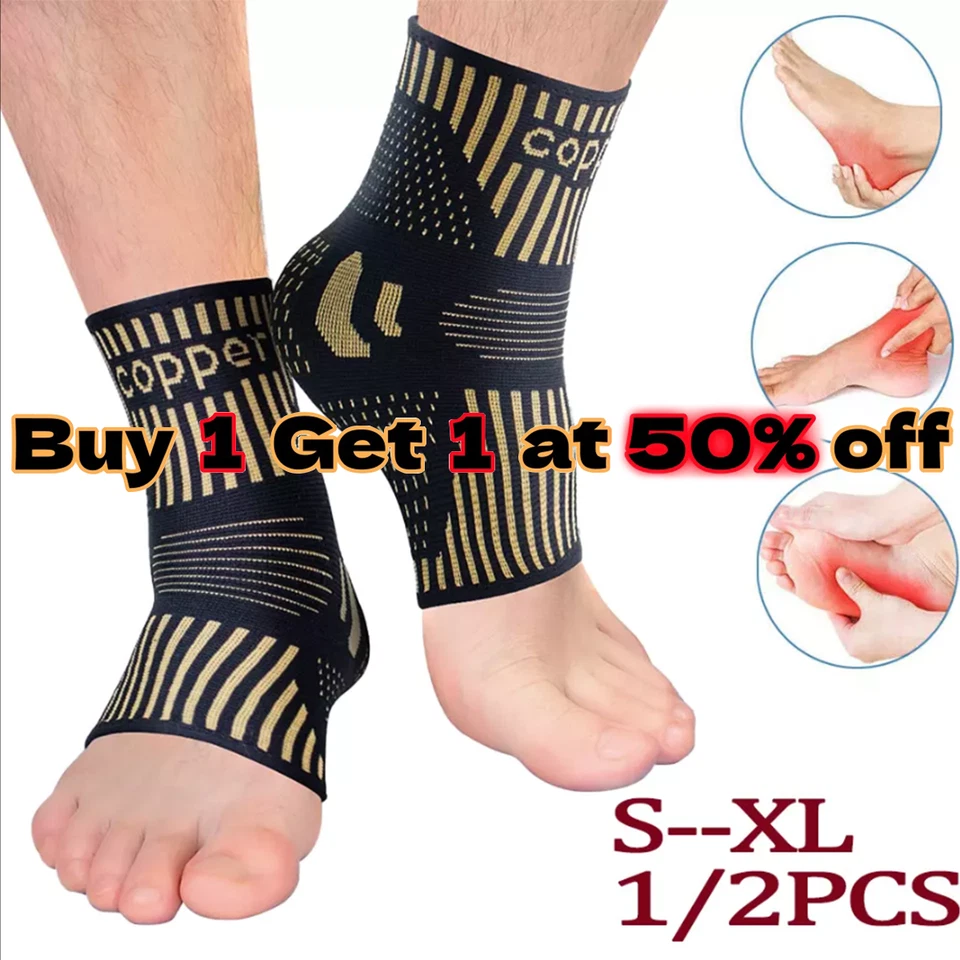 Copper Ankle Support Brace Stabilizer Compression Sleeve Socks Foot Pain Relief - Image 1 of 4