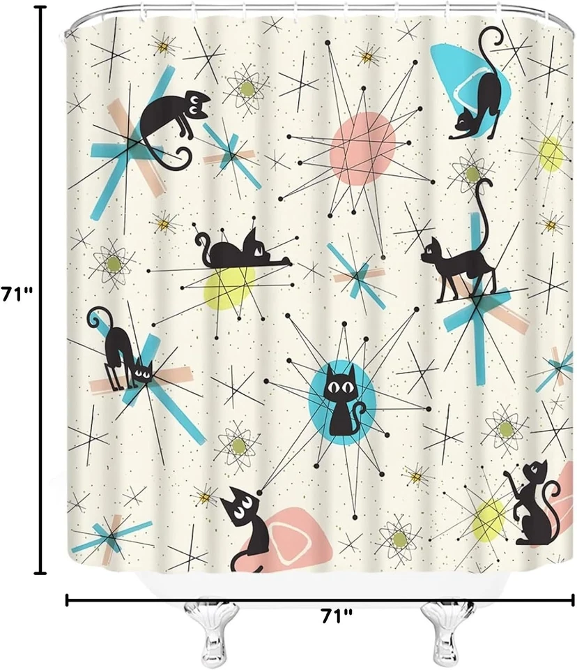 Mid Century Shower Curtain Black Cat Retro Diamond Atomic Starbursts 1950S 1960S - Image 4 of 4
