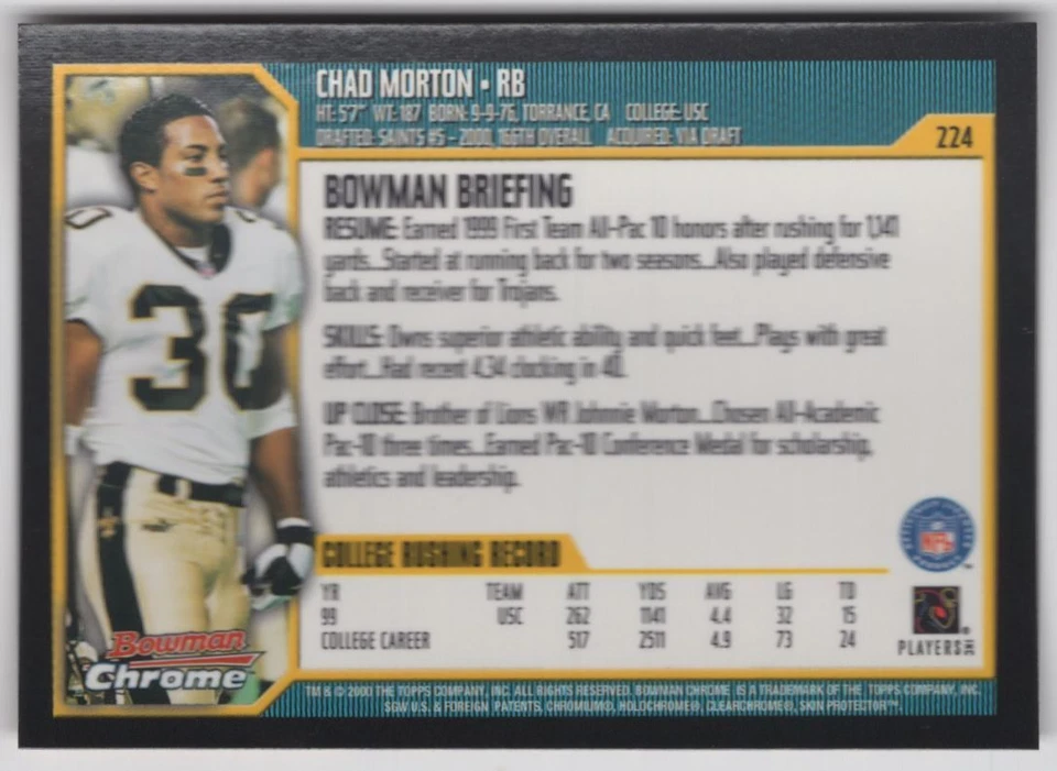 2000 BOWMAN CHROME ROOKIE Chad Morton Rookie New Orleans Saints #224 - Image 2 of 2