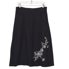 Sag Harbor Black Linen Blend Floral Embroidered Midi A-Line Skirt 12P