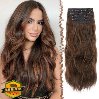 FESHFEN clip in extensions 20 Inch 4PCS Black Brown Auburn