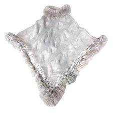 NWT Soft Surroundings Faux Fur Trim Cable Knit Poncho Capelet Shawl Taupe Sm Med