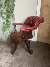 Antique Mahogany Captains Swivel Desk Chair With Red Leather Upholstery