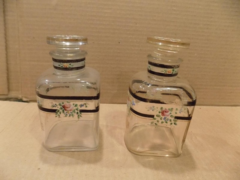 2 Glass 5" Vanity Lidded Toiletry Bottles Witch Hazel & Lotion Hand Paint Floral
