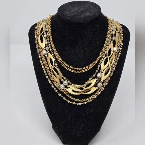 VINTAGE KRAMER GOLD TONE FAUX PEARL 8 STRAND NECKLACE COSTUME WOMEN JEWELRY