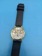 Charming Charlie cat face watch Gold Tone Black Band New Battery 