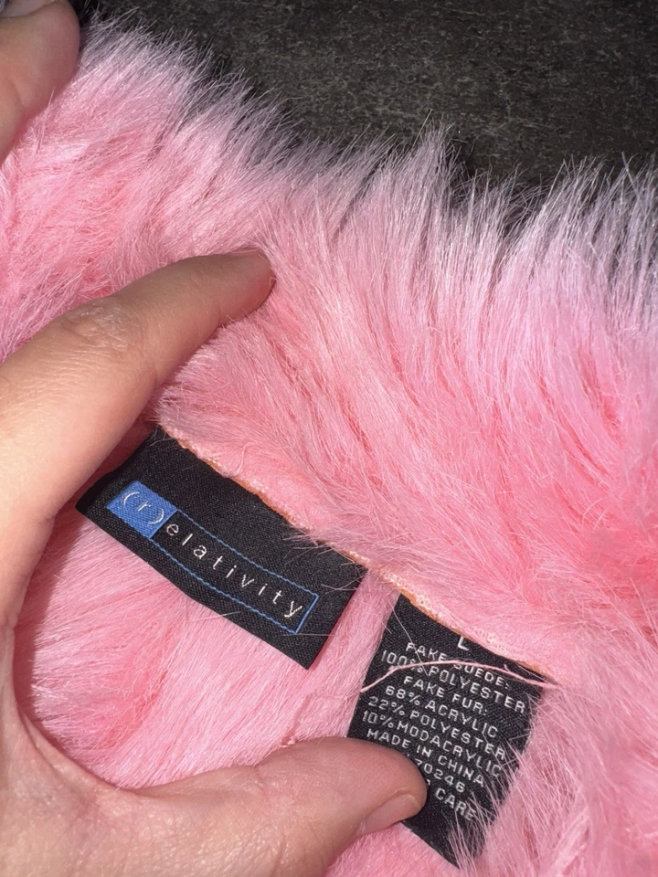 复古 90 年代 Y2K 泡泡胶粉色人造毛皮衬里便士巷中长外套拉链 — 第 4/4 张图片