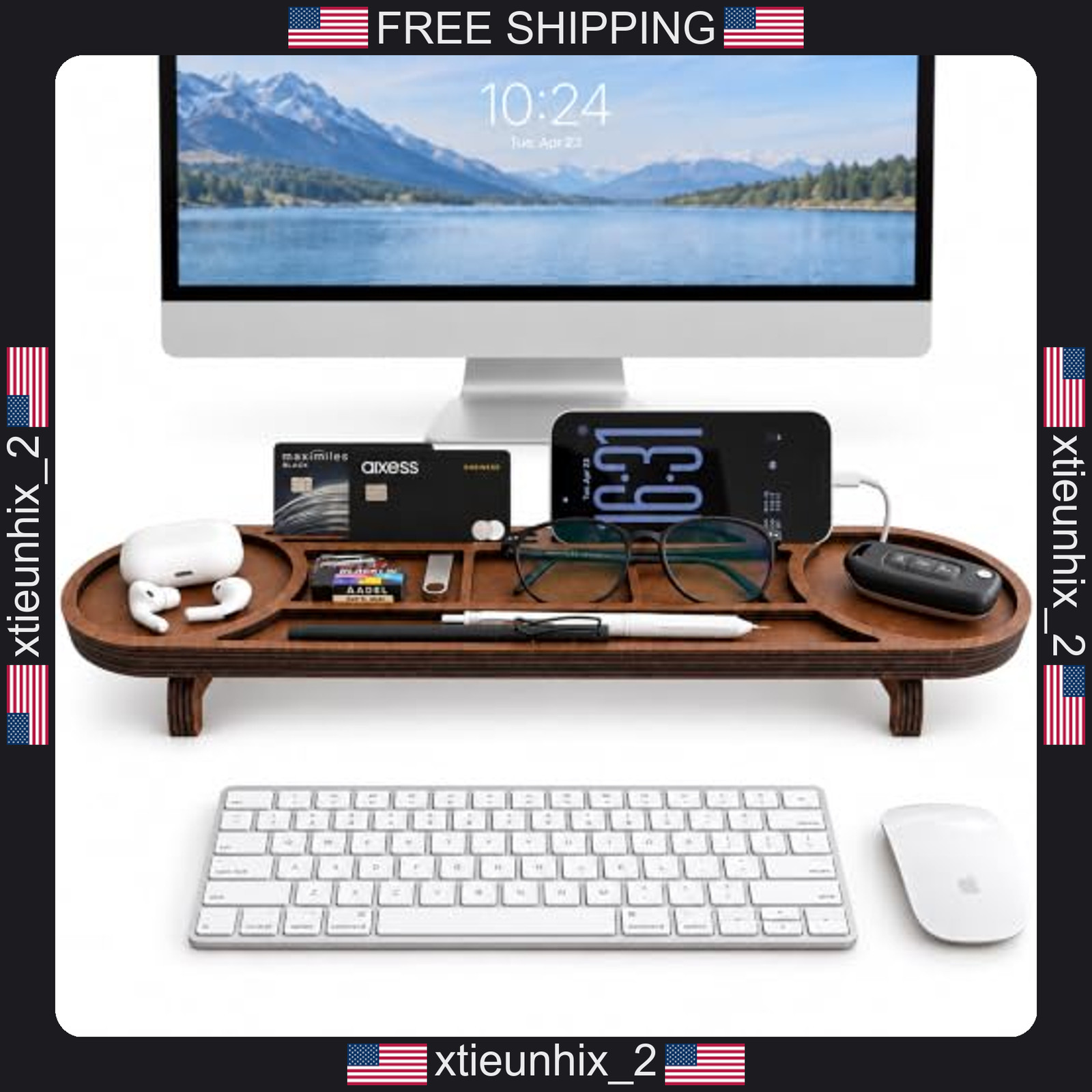 Wood Desk Organizer with Phone Stand and Charging Port, Nightstand Valet