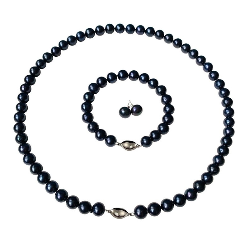 16 Inch Pearl Set 7-8mm ROUND Black Pearl Necklace Bracelet Earrings Freshwater