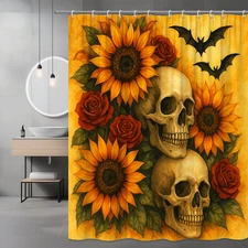 Skull and Sunflower Halloween Shower Curtain - Artistic Floral Design