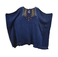 Canyon Sky Women's Embroidered Top With Earrings in Blue - 2XL