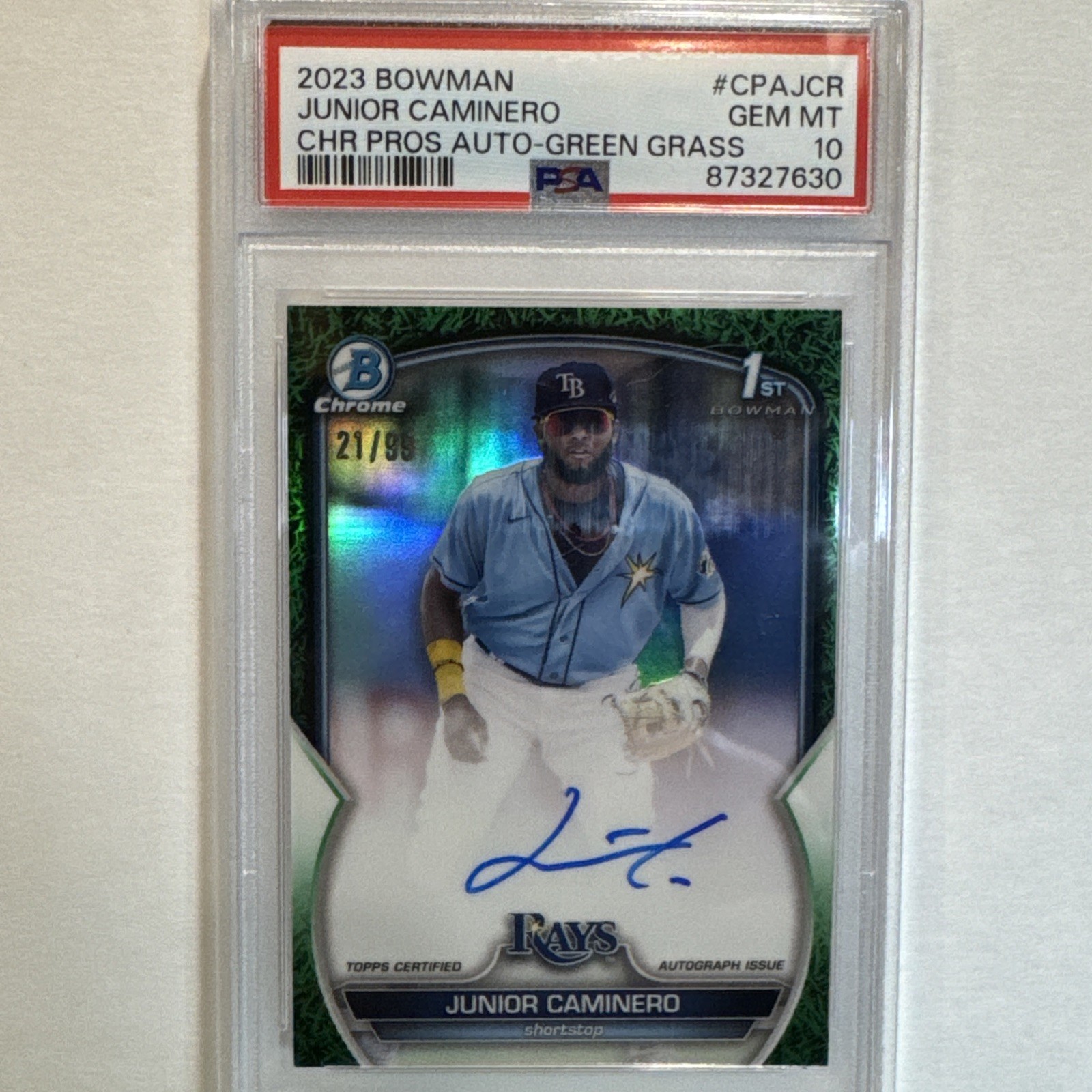 2023 Bowman Chrome 1st Auto Junior Caminero Green Grass Refractor /99  PSA 10