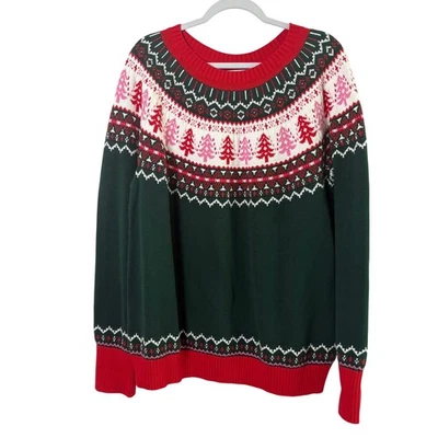 Lands End Fair Isle Christmas Sweater Womens XL Green Red Pink Pine Tree Cotton - Image 1 of 4
