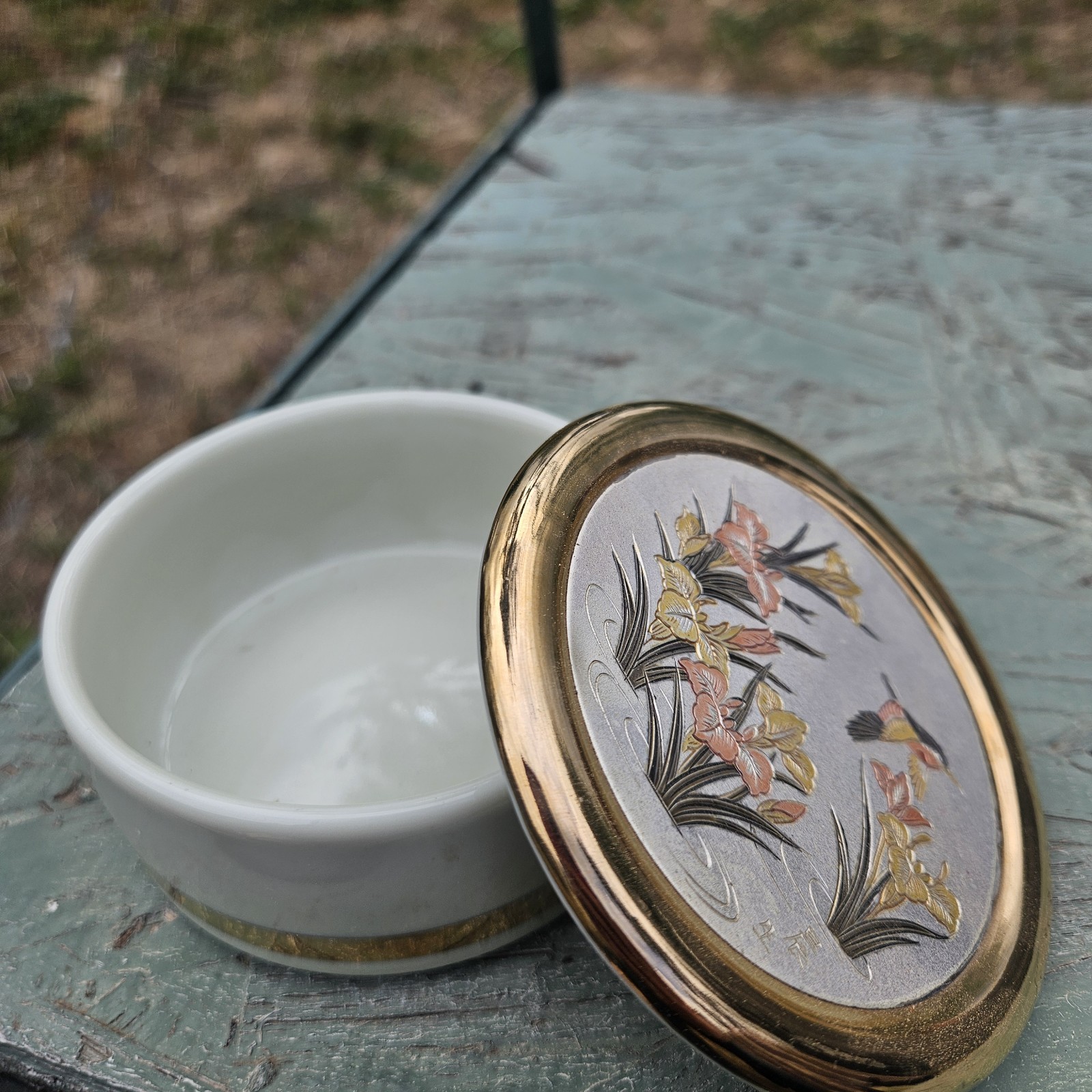 VTG Trinket Jewelry Box Art Of Chokin 24K Gold Trim Porcelain Hummingbird Japan
