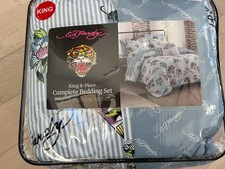 Ed Hardy Blue Reversible Tattoo Striped King Set Comforter Shams Sheets Pillow